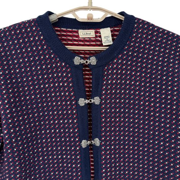 LL Bean Womens Birdseye Cardigan Sweater Jacket Metal Clasps Navy Size Large NEW - Picture 2 of 7
